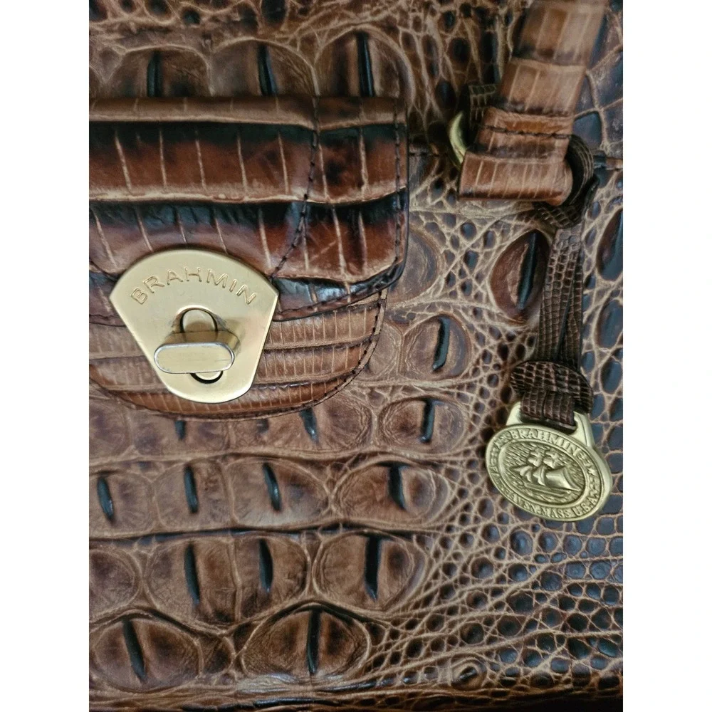 Brahmin Satchel Women Medium Pecan Brown Good Croc Embossed Leather Handbag